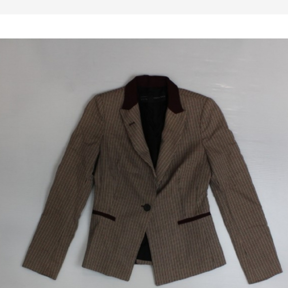 Brown Tan Elbow Patch Blazer By Zara Basic Sz S - image 1